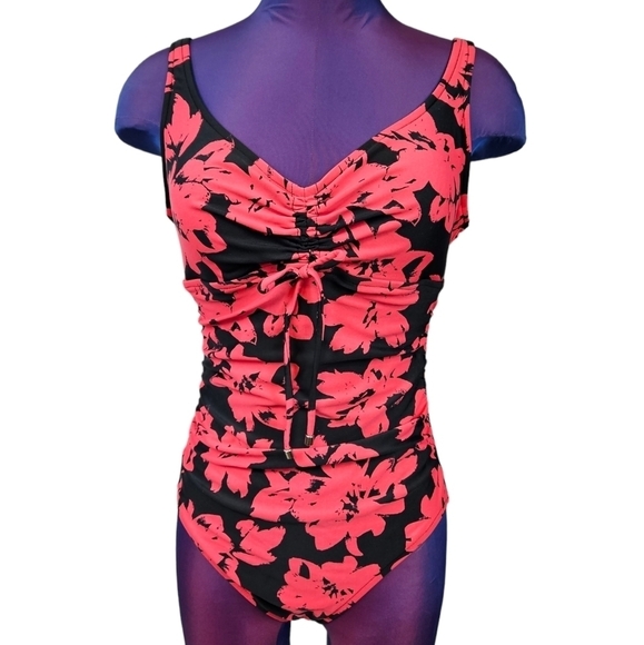 Aqua Green Coral & Black Floral One Piece Swimsuit Size Small Women's F103 - Picture 11 of 11